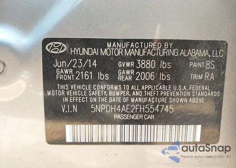 2015 Hyundai Elantra Se from USA, damaged, VIN 5NPDH4AE2FH554745